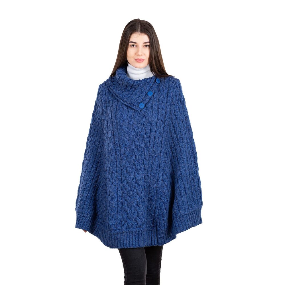 7611 100% Merino Wool Cowl Neck Button Poncho For Ladies (l-xl,marl